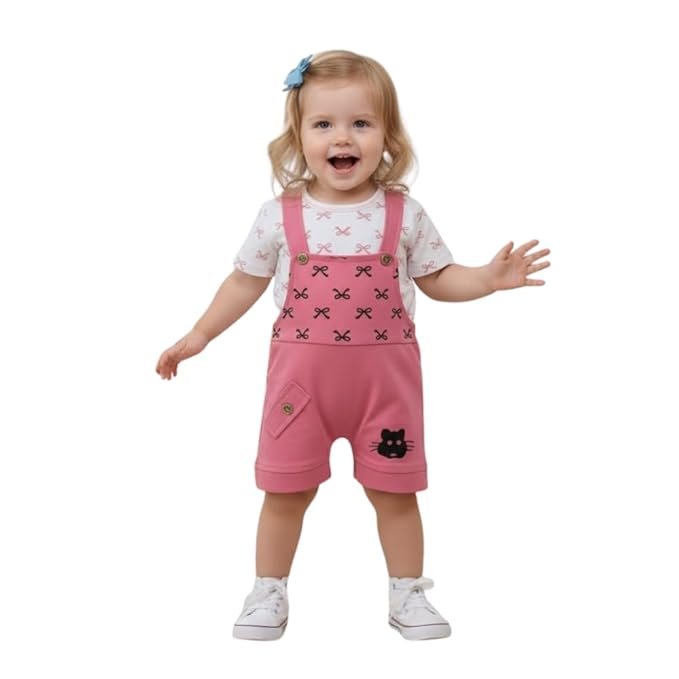 Baby Girls Cotton Printed Dungaree Set | Heart Print Adjustable Strap Shorts with Matching T-Shirt | Soft Casual Outfit