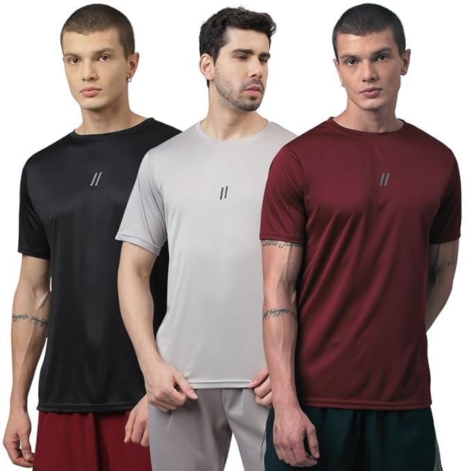 ATICX Men's Slim Fit Polyester Sports T-Shirt | Quick Dry Round Neck Half Sleeve Gym & Workout Tee | Breathable Running, Training & Activewear (Pack of 3)