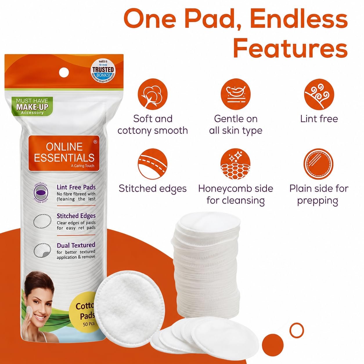 Pure Cotton Pads 50 Pcs | Ultra-Soft Double-Sided Cosmetic Wipes | Makeup & Nail Polish Remover | Face Cleansing & Toner Application | Skin-Friendly | Ziplock Pack - Image 2