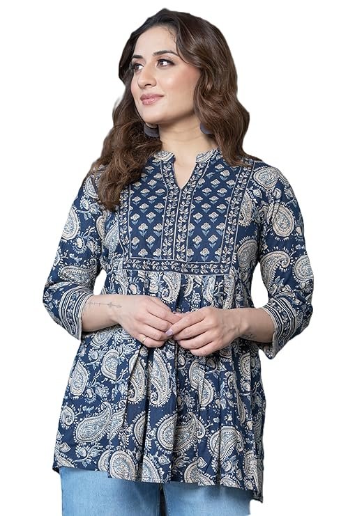 Women's Pure Cotton Paisley Printed Tunic Top | 3/4 Sleeve V-Neck Casual Flared Kurti Top