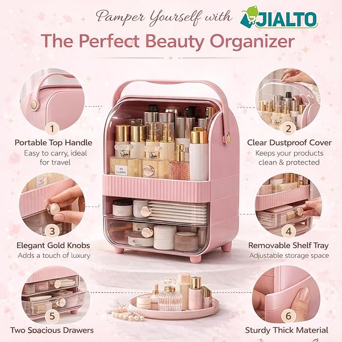 JIALTO Large Cosmetic Organizer Box with Handle | Dustproof Makeup Storage Cabinet with Transparent Cover & Drawer | Skincare, Perfume & Beauty Organizer for Vanity, Dressing Table & Bathroom Countertop | Pink (37 × 29.5 × 20 cm) - Image 2
